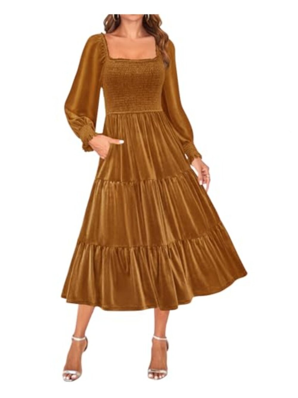 Velvet Long Sleeve Square Neck Midi Dress Cocktail Party